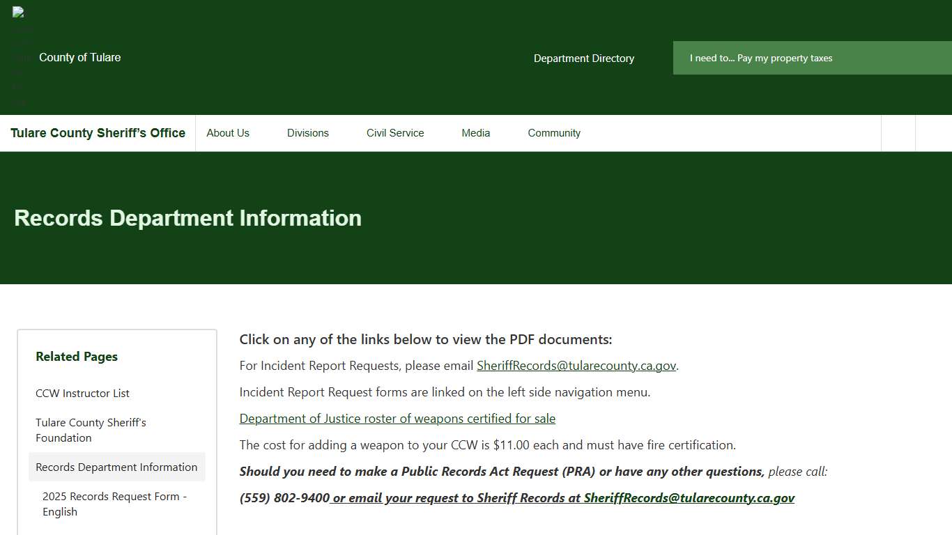 Records Department Information Tulare